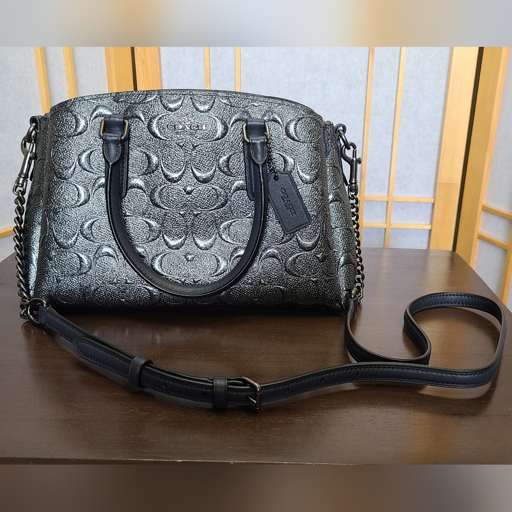 Coach Mini Lillie Satchel Carryall in Signature Embossed Gunmetal Grey Leather